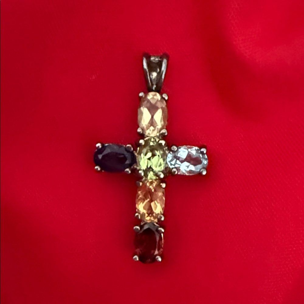 Multi-Gem Cross Pendant Necklace - Multi-Color